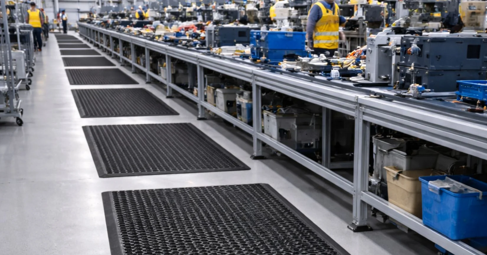 Industrial anti-fatigue safety mats along manufacturing assembly line